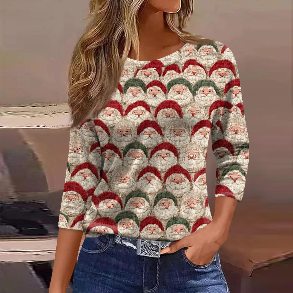 Женская Мода Повседневный Рукав Три Четверти Рождественский Принт Горловина Топ