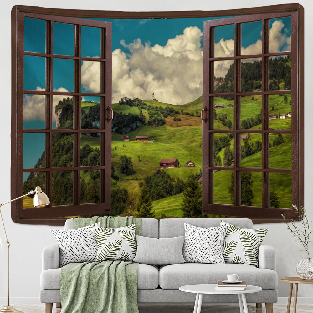 Окно Хижина на вершине холма Пейзажный гобелен Настенный природный пейзаж Гостиная Спальня Эстетический декор комнаты Фоновая ткань