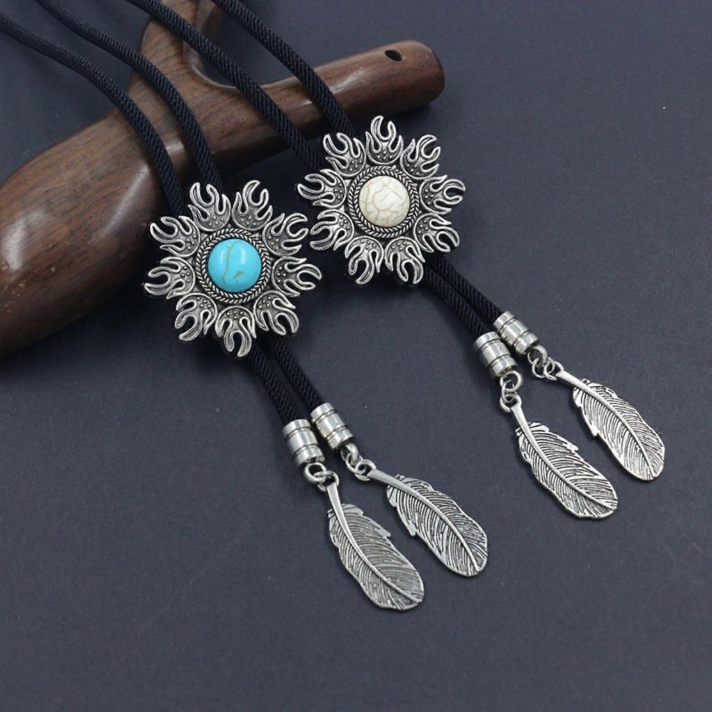 Men's Sun Turquoises Stone Feather Pendant Bolo Tie Braided Rope Necktie Necklace Shirt Collar Chain Cowboy Neckwear White