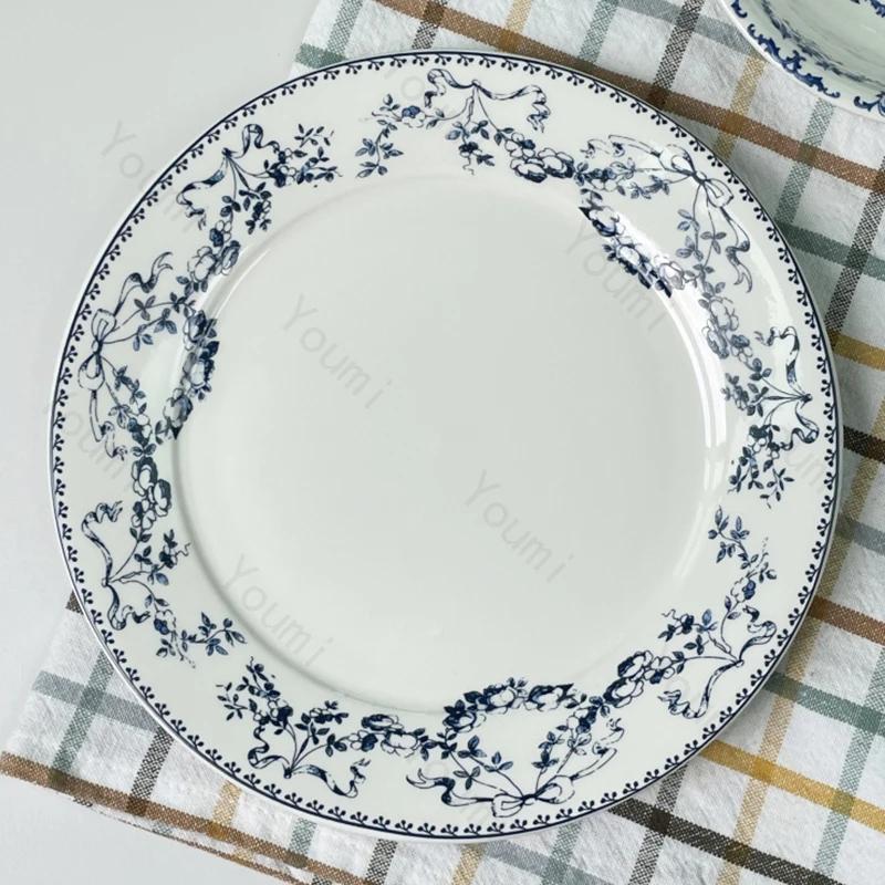 Обеденная тарелка в стиле ретро в китайском стиле с синими цветами, изысканные тарелки для завтрака, тарелка для десерта, закусок и послеобеденного чая высокого класса