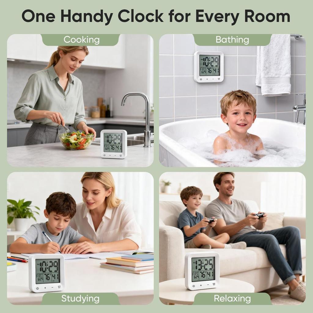 Bathroom Waterproof Shower Timer 12/24-hour Time Clock Date Week Digital Temperature Display LCD Display Screen Wall Clock Timer