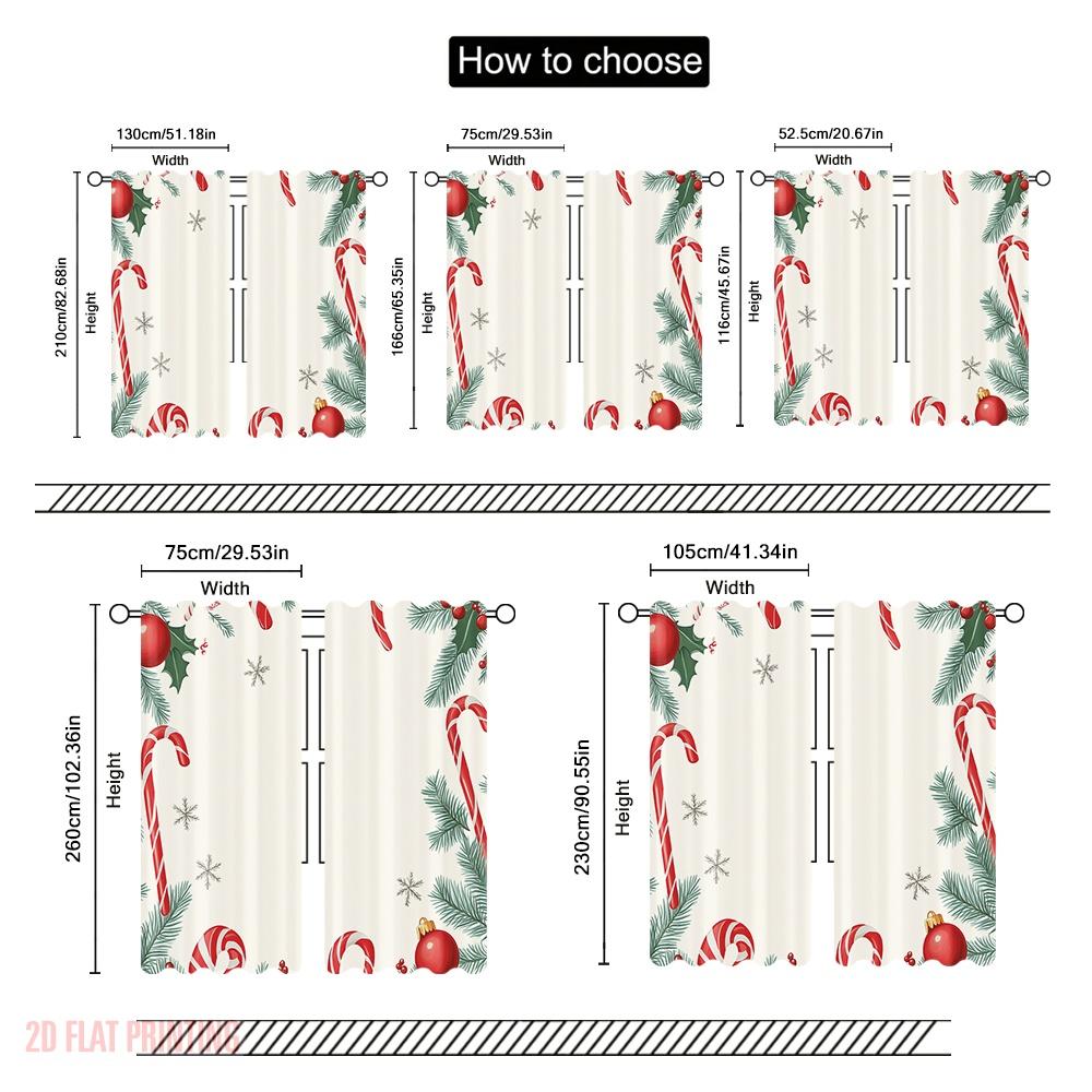 2pcs,2D Plane Printing Pattern Curtains Christmas Candy Snowflakes Berries (2) Durable 100% Polyester Fabric (without Rod) Home