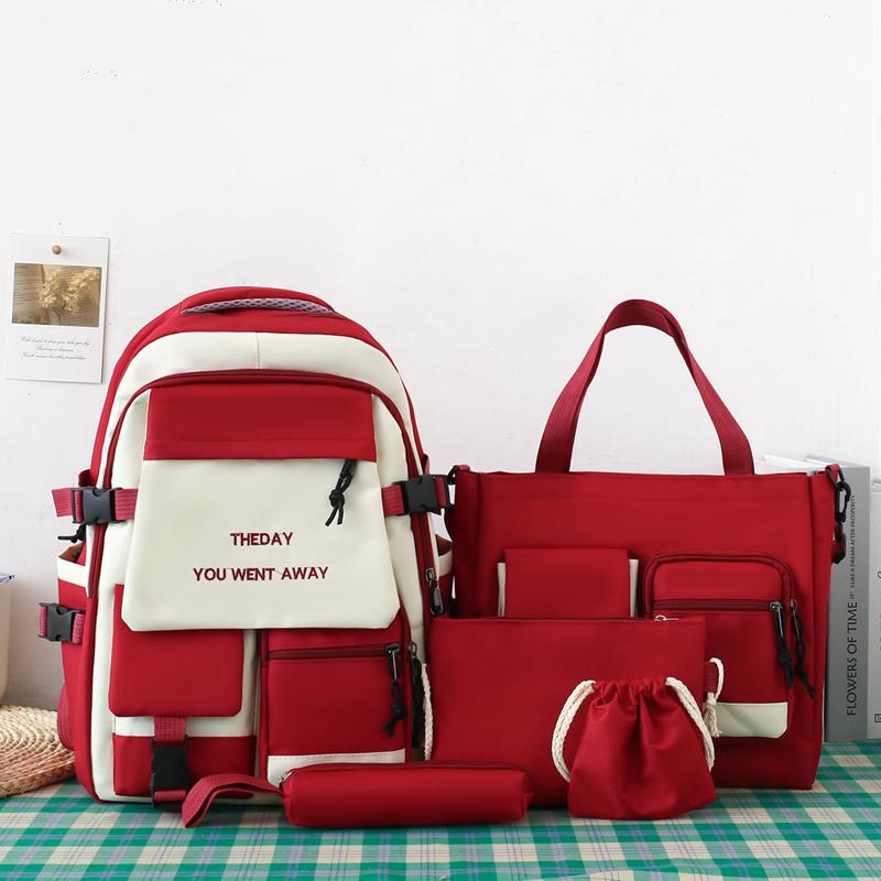 Five-Piece Backpack Set Color Block Schoolbag Women's Lightweight Backpack Large Capacity Travel Backpack for Students