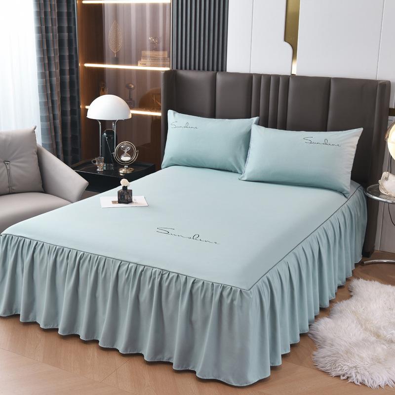 Solid Color New Light Luxury Simple Embroidered Single Bed Skirt Bed Sheet Non-slip Bedspread Four Seasons Princess Style Single Piece