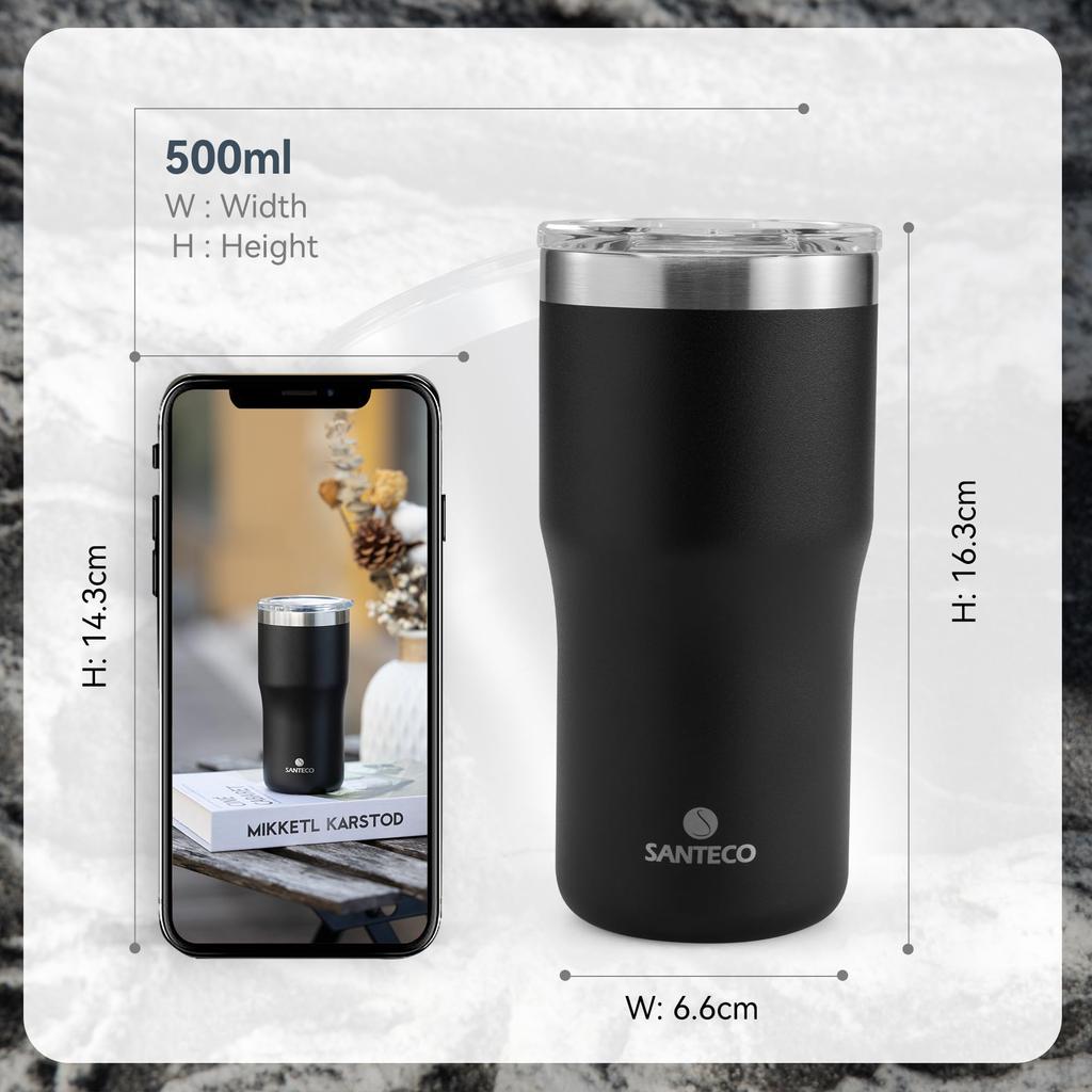 SANTECO TROSA Series Vacuum Insulated Tumbler with Keeps Drinks Hot or Stainless Wide Mouth White Lid, Cold, Stylish, 18/8 Steel, BPA-Free,