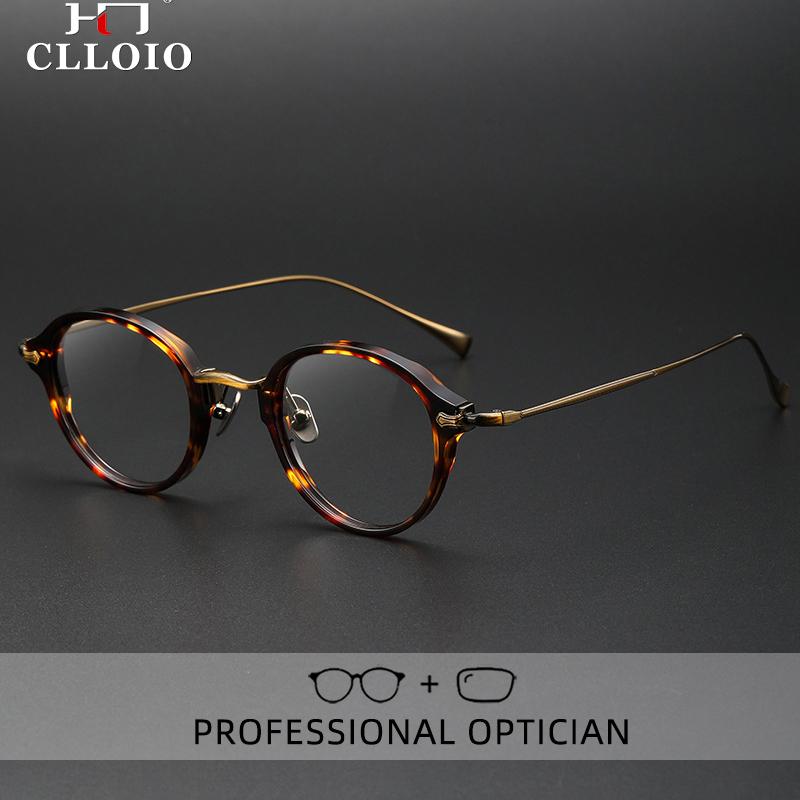 CLLOIO Новые очки для чтения из чистого титана с защитой от синего излучения, мужские ретро-круглые очки для близорукости, роскошные ацетатные оправы для очков по рецепту