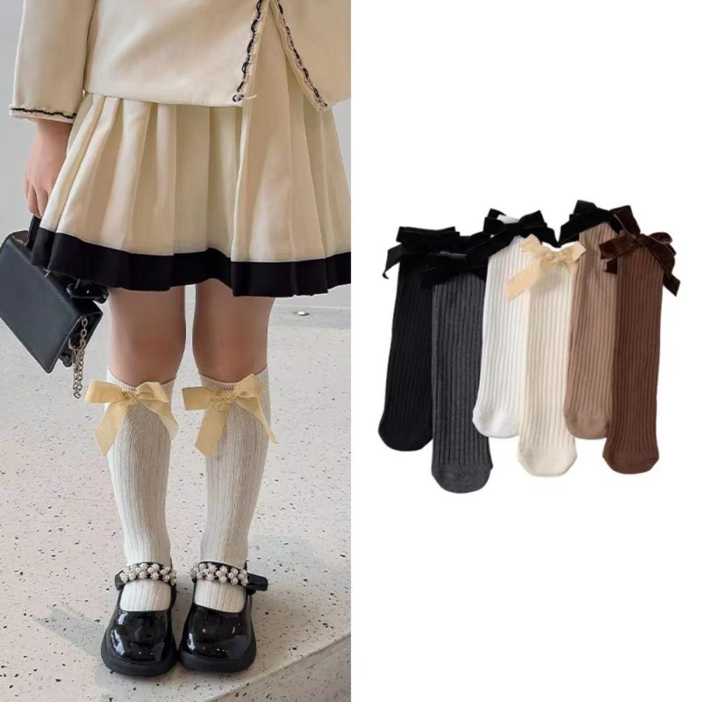 Cotton Blend Knee High Socks Knit Texture Ribbed Knit Socks Children's Stockings For Daily Wear