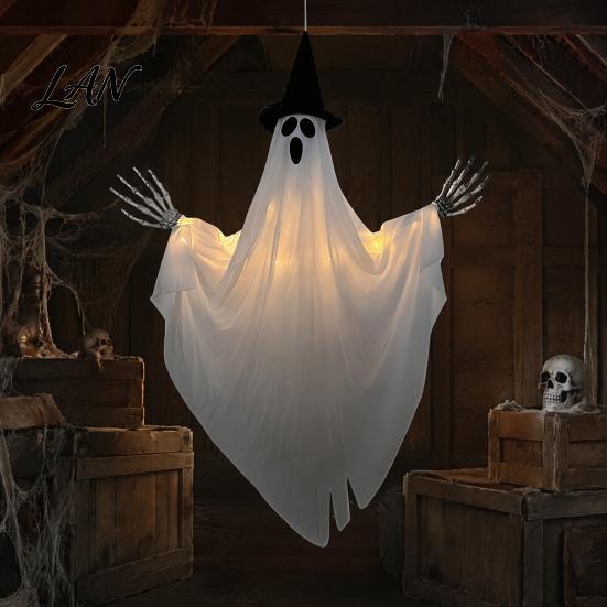 Glowing Ghost Decoration Halloween Hanging with Witch Hat, Light Up Spooky Haunted House Props Outdoor Decor for Porch Tree, Scene Ornament