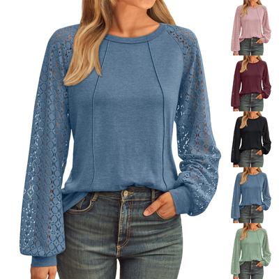 Женская однотонная футболка с кружевной вставкой, круглым вырезом и длинными рукавами, свободный топ