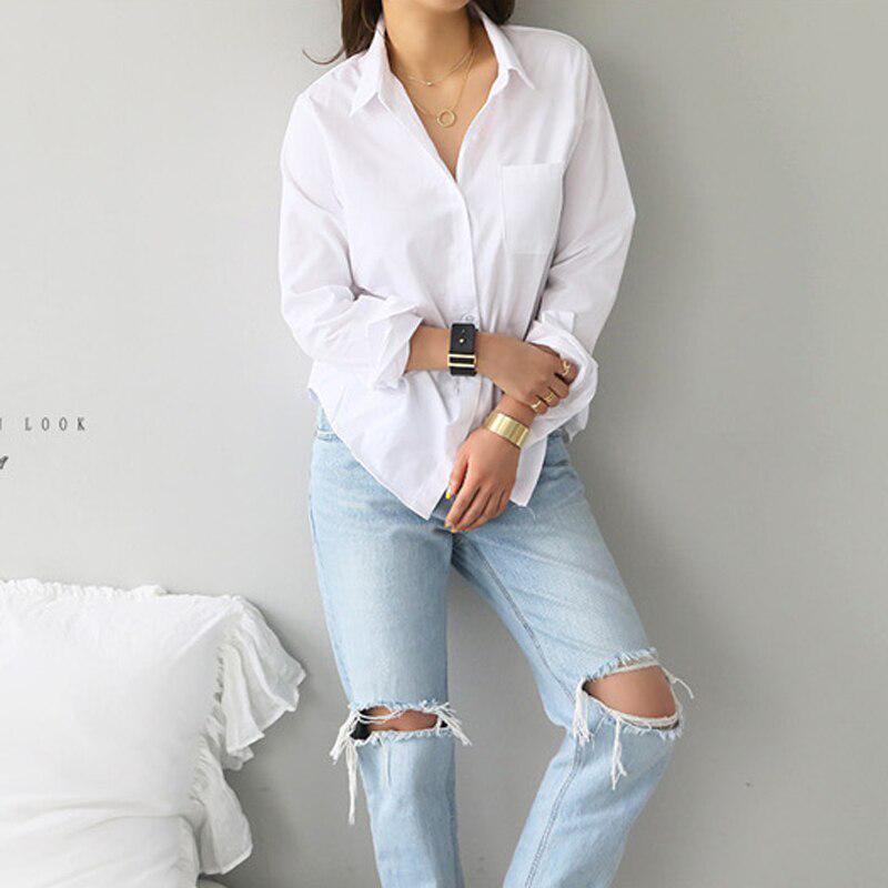 White Women Shirts and Blouses Casual Fashion Turn-down Collar OL Style Korean Office Long Sleeve Tops 4XL Loose Blouses