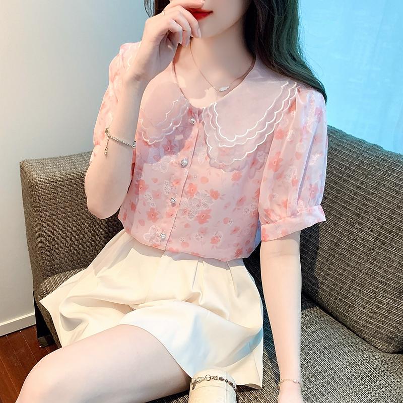 Модная новинка на лето с коротким рукавом и воротником-стойкой, повседневная шифоновая блузка с принтом, женская рубашка, топы J380