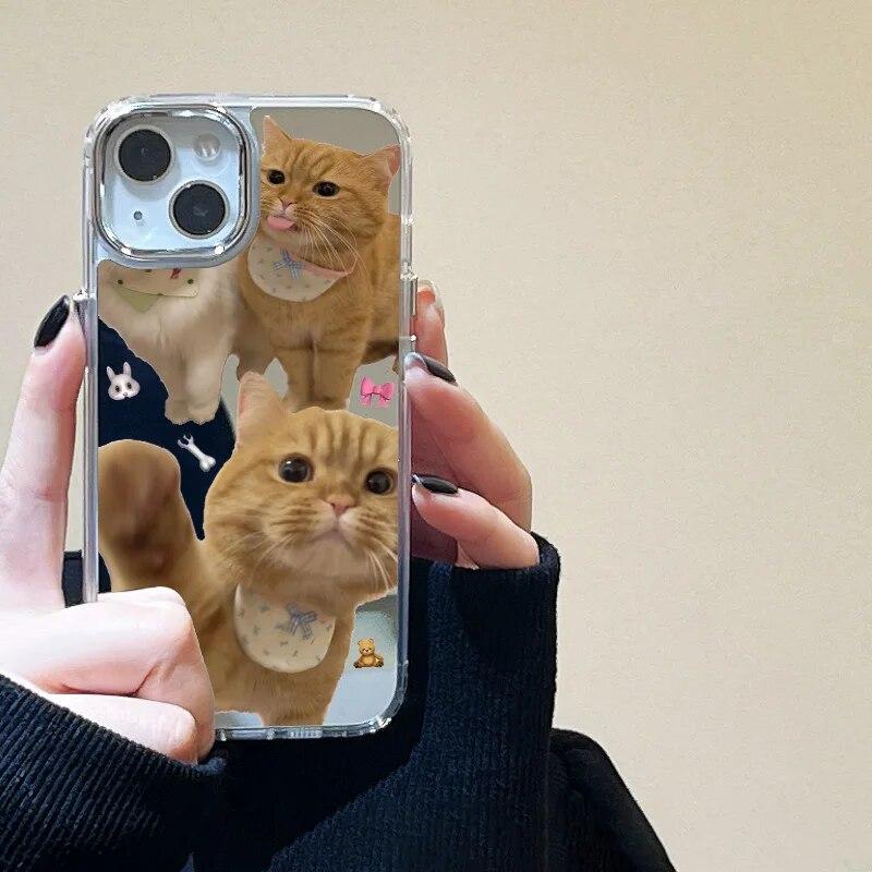 Korean Cute Cartoon Cat Mirror Phone Case For iPhone 15 Pro Case iPhone 14 11 12 13 Pro Max X XS XR Shockproof Love Heart Cover