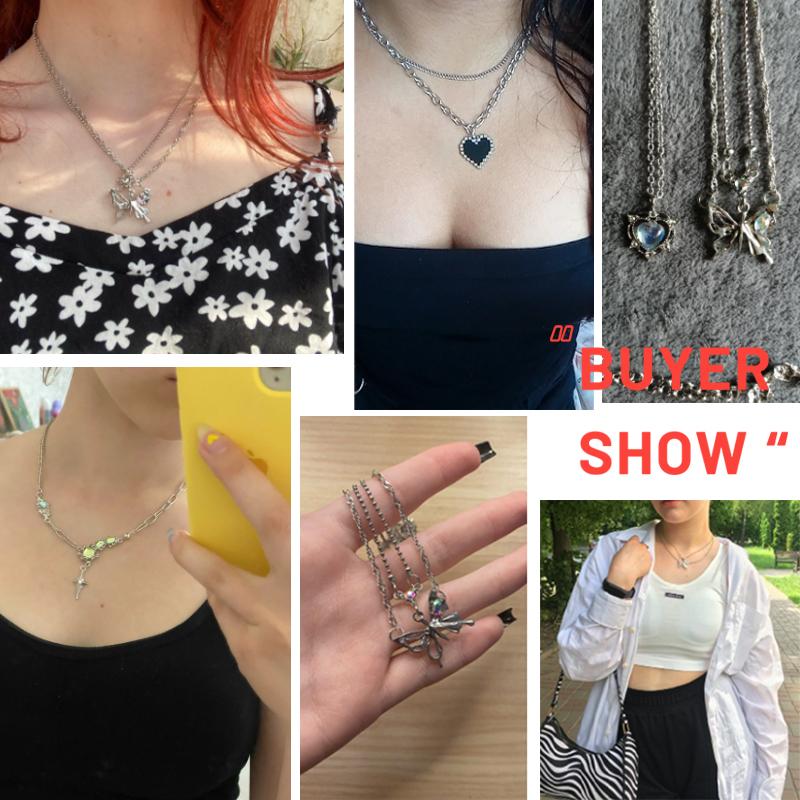 Y2K Crystal Butterfly Pendant Necklace Women Light Luxury Egirl Punk Heart Grunge Clavicle Chain Fashion Jewelry Party Gift 2023
