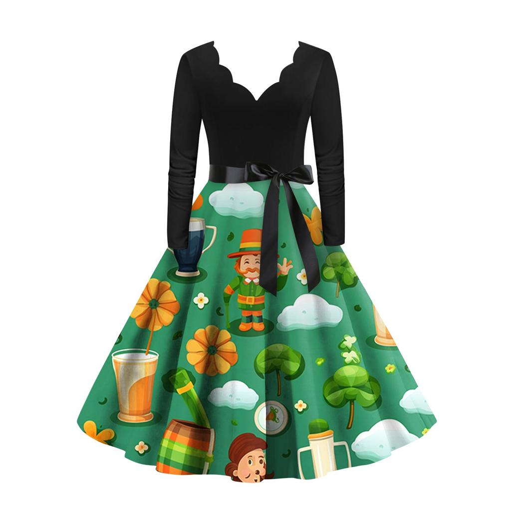 Women's Vintage Classic Dress Long Sleeve St. Patrick's Day Print V-neck Swing Dress