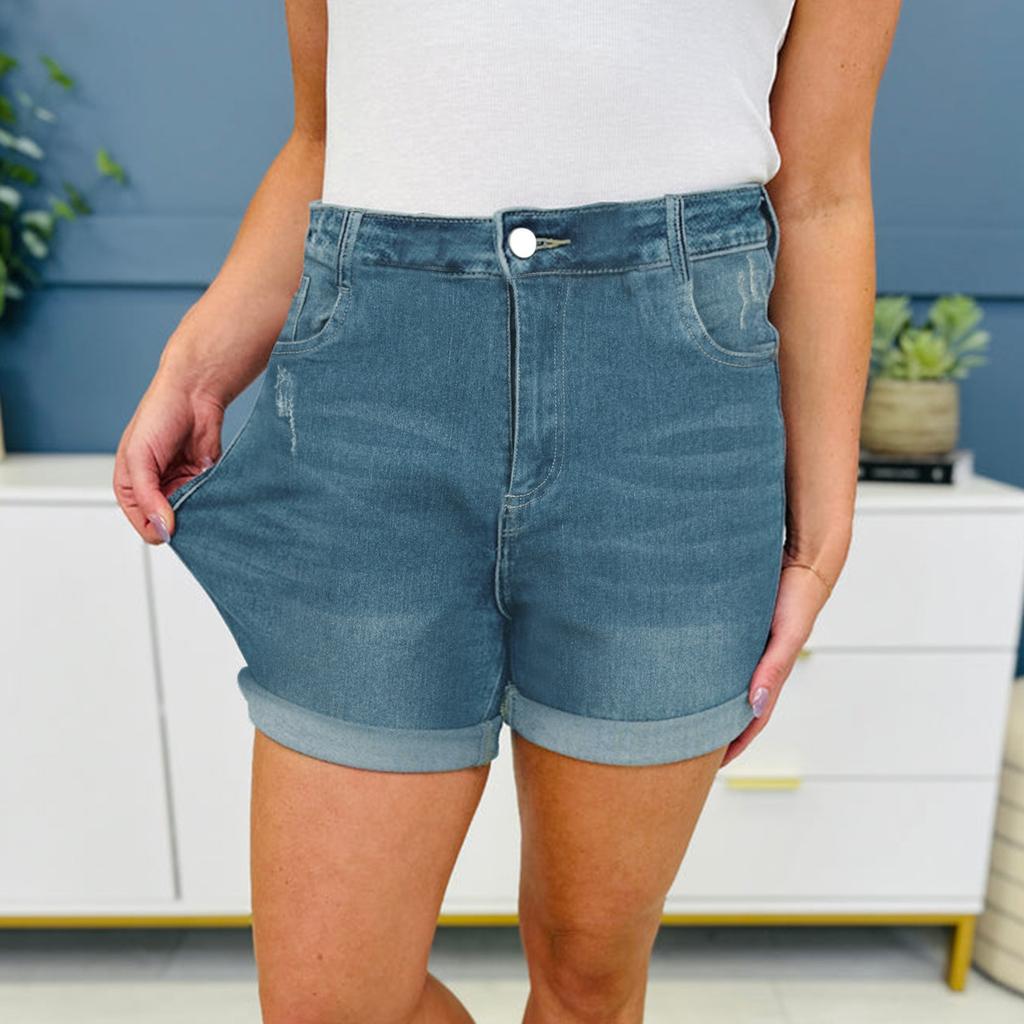 High Waist Elastic Waist Mid Length Shorts-Casual High Waisted Denim Shorts,Stretch Jean Shorts With Adorable Double Pockets