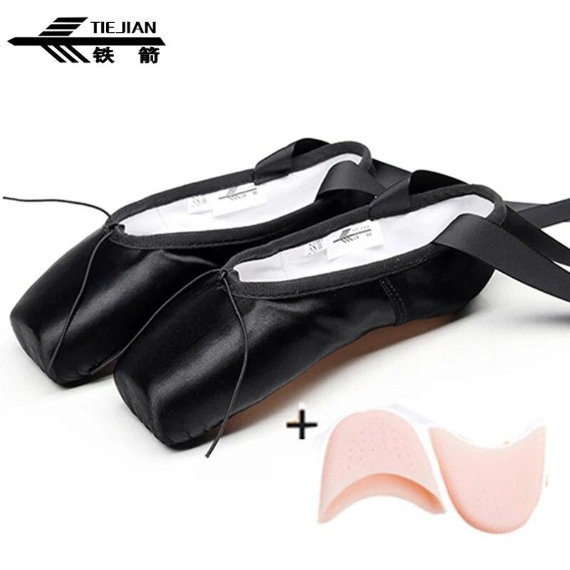 Профессиональные балетки-пуанты, парусиновые атласные розовые, черные, красные балерины для танцевальных выступлений с подушечкой для носка