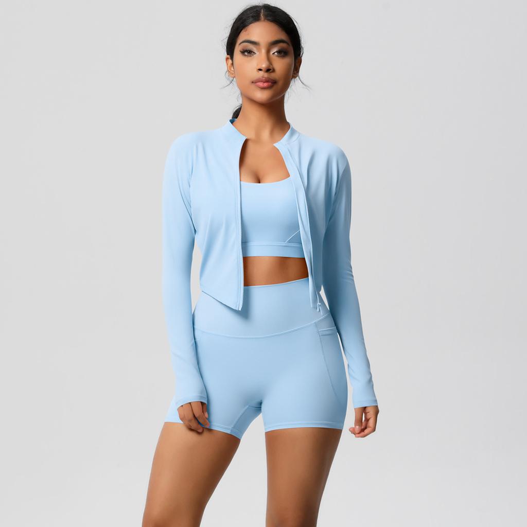 Костюм для йоги с высокой талией, матовый облегающий с карманом, быстросохнущий комплект из трех предметов для упражнений с ощущением облака, набор для бега и фитнеса для активного отдыха, женский