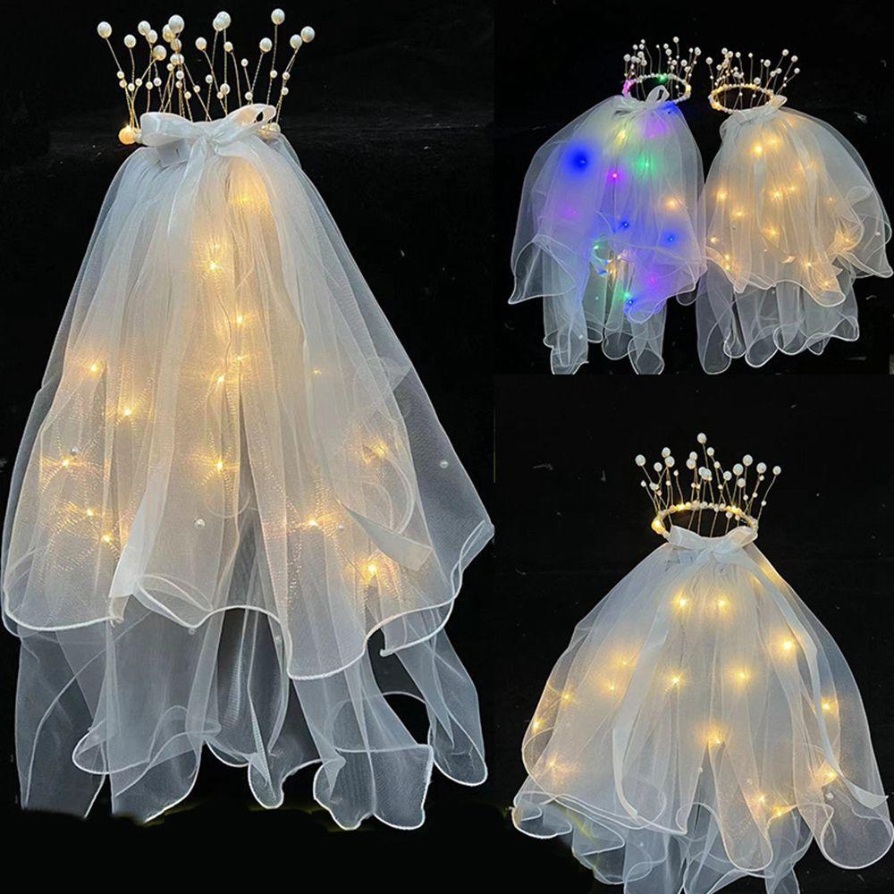 Bow Veil Bridesmaid Pearl Korean Bride Headwear LED Light Bride Veil Wedding Veil Bride Crown