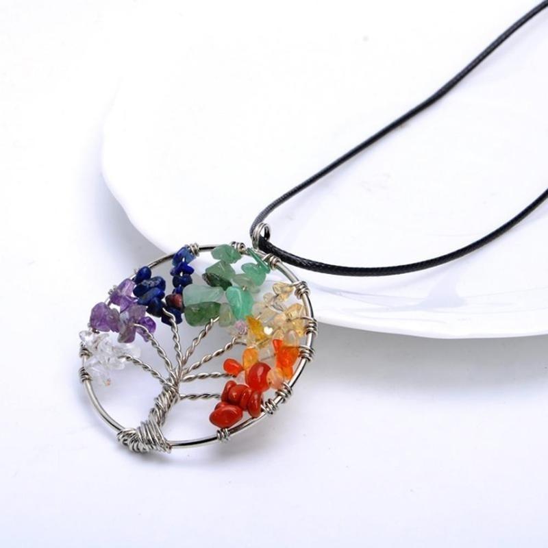 Natural Gemstone 7 Chakra Healing Tree of Life Pendant Necklace Charming