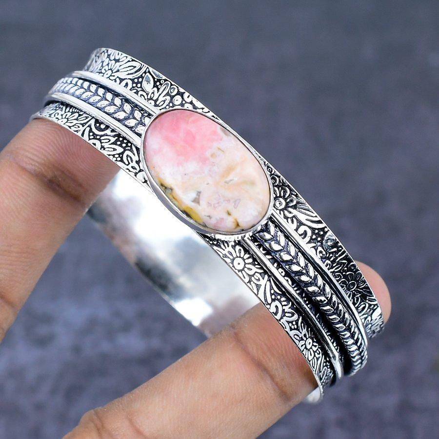 Браслет-манжета из серебра 925 пробы с розовым опалом, ручная работа, 7,5 дюйма, Z1g07