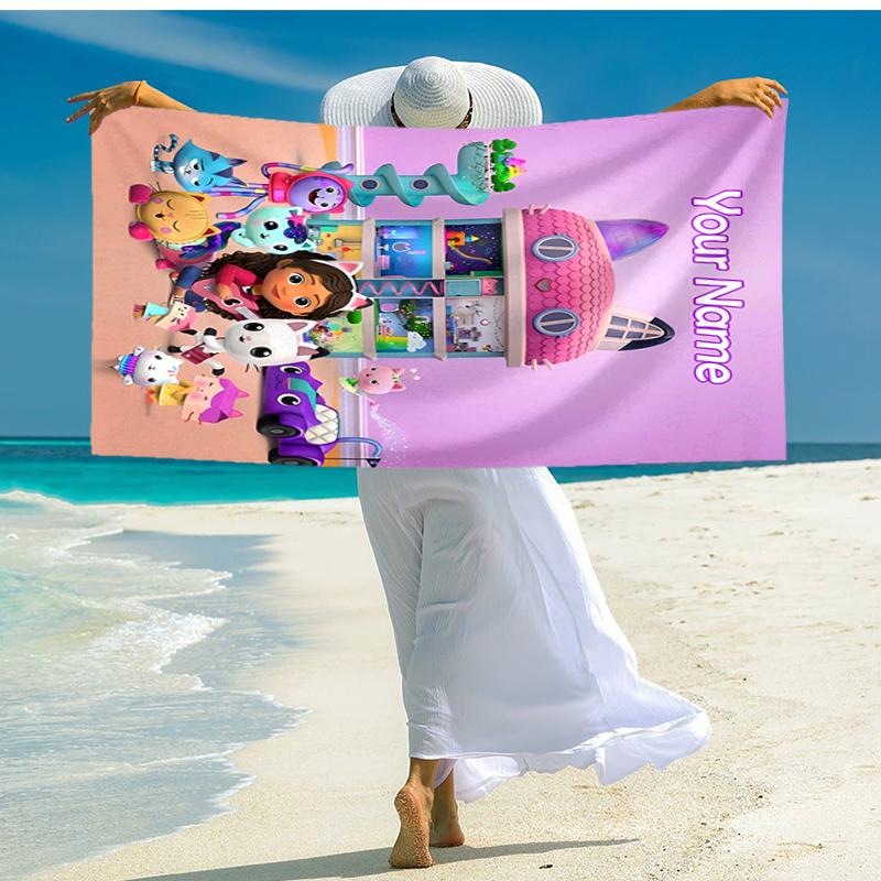 Personalized customized proof beach towel with Gabby's Dollhouse pattern - soft, absorbent, quick-drying, perfect swimming, camping&bathing