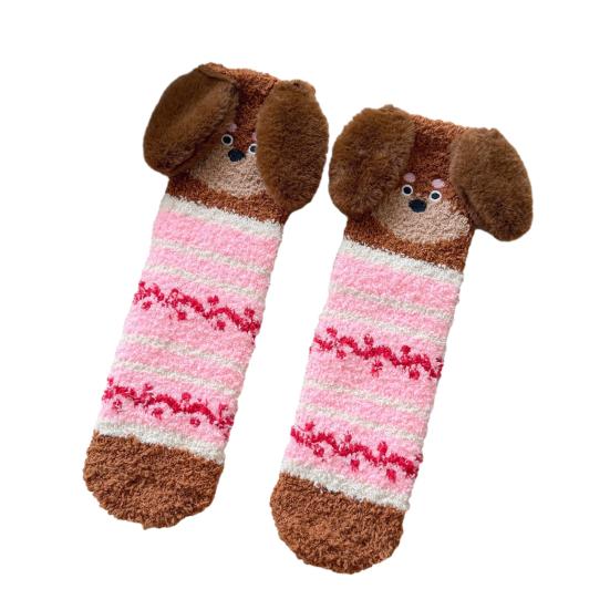 Yousheng 1 пара носков для пола 3D мультяшный дизайн таксы полосатый принт эластичное отверстие носки коралловый флис утолщенные средней длины носки для сна