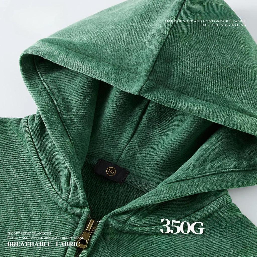 Детская верхняя одежда 2025 Осень Модные Крутые 350г махровый хлопок Винтажные толстовки на молнии Мальчики Девочки Повседневные Спортивные топы Детская одежда