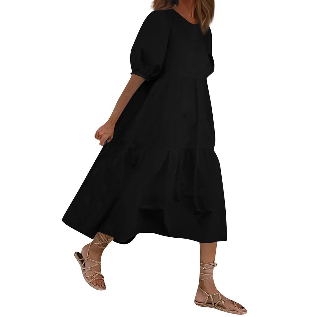 Модное женское свободное однотонное повседневное платье с пышными рукавами и короткими рукавами