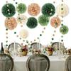 15pcs Wedding Party Decorations Set Green Tissue Paper Pom Poms Dot Paper Garland String Hanging Backdrop for Engagement Green Boho Wedding