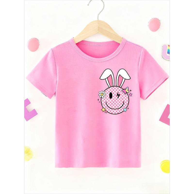 Front and back double prints, Easter, girls, rainbow and cartoon leopard print rabbit prints casual round neck versatile T-shirt