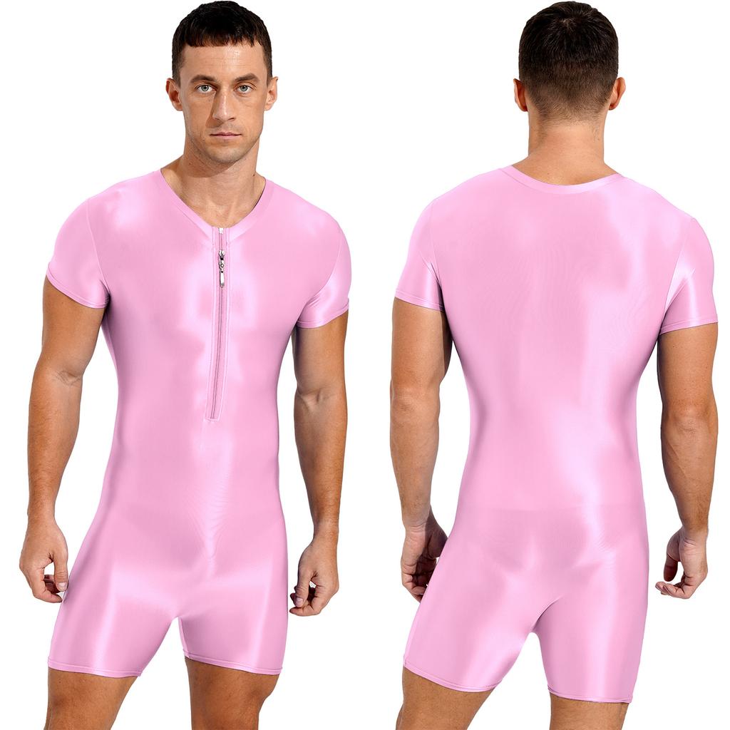 Mens Short Sleeve Zipper Jumpsuit One-Piece Round Neck Bodysuit Swimwear for Swimming Bodybuilding Workout