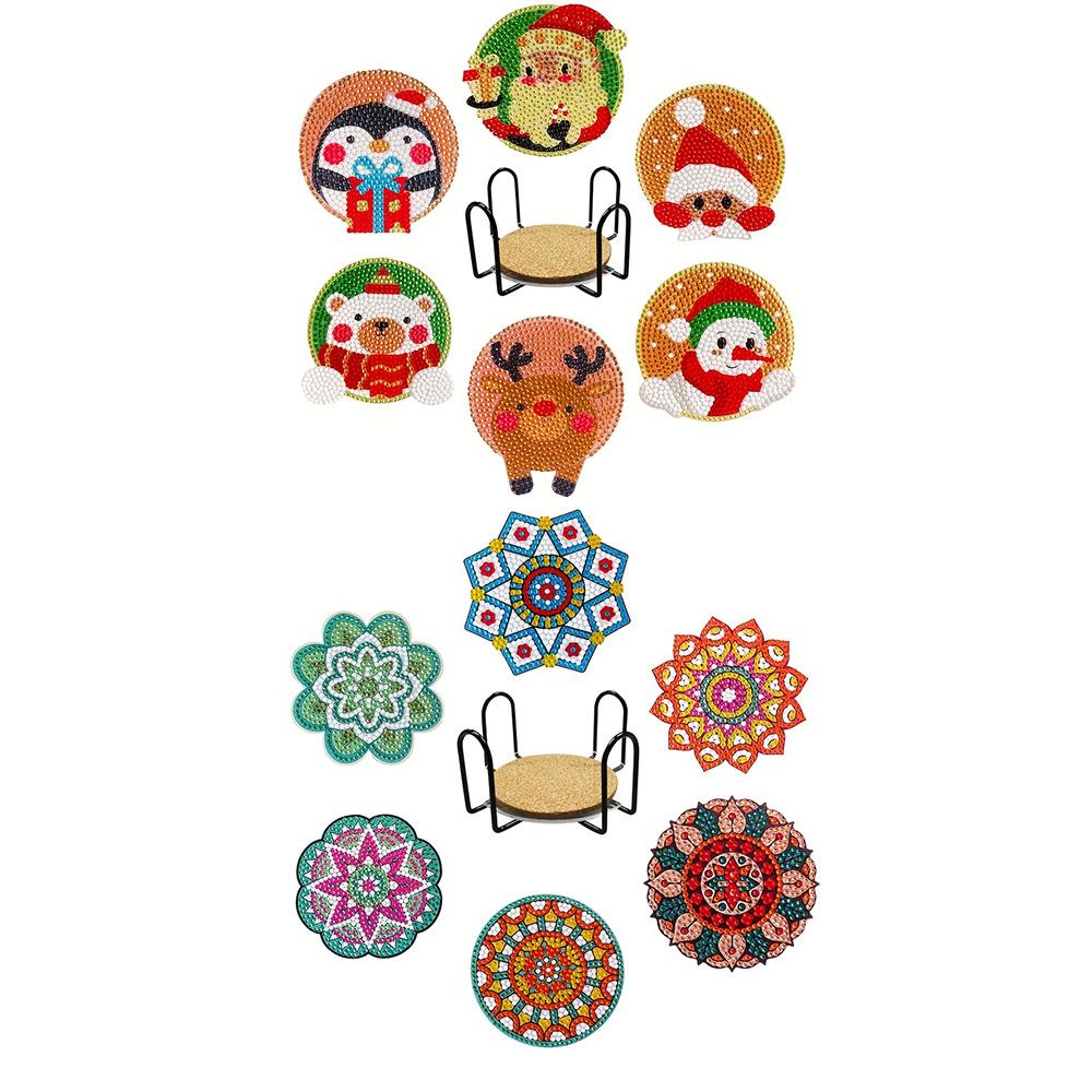 1 комплект подставок с алмазной росписью, круглые акриловые точки, алмазные теплоизоляционные, ручная работа, пробковое дно, нескользящий коврик