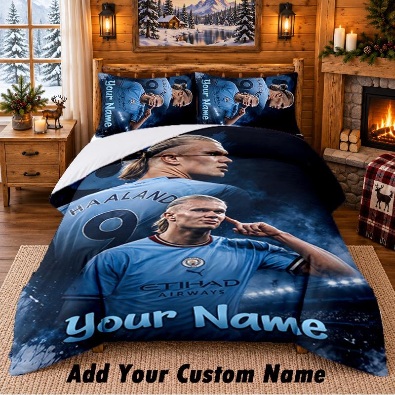 Erling Haaland Pattern Bedding 3Pcs Set Custom Name, Bed Sheet And Pillowcases For Home Bedroom