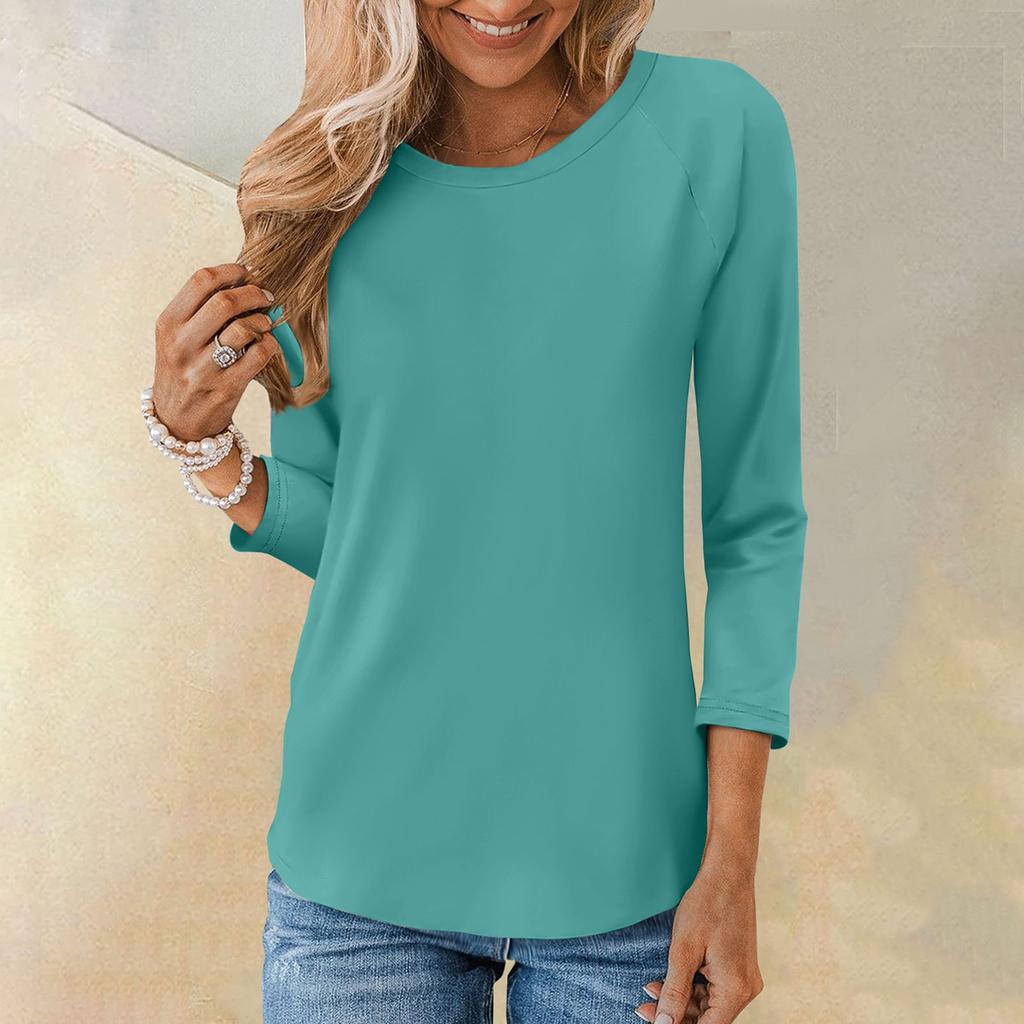 Рубашка для женщин, модная повседневная свободная однотонная футболка с рукавами реглан и круглым вырезом, рукав 3/4, женский топ