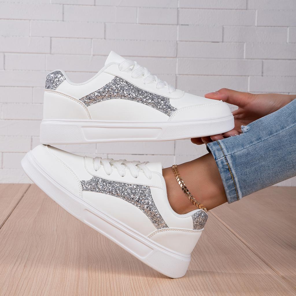 MCTIN White Shoes Women's PU Leather Sports Shoes Flats Black Sequined Sneakers Plus Size 35-42