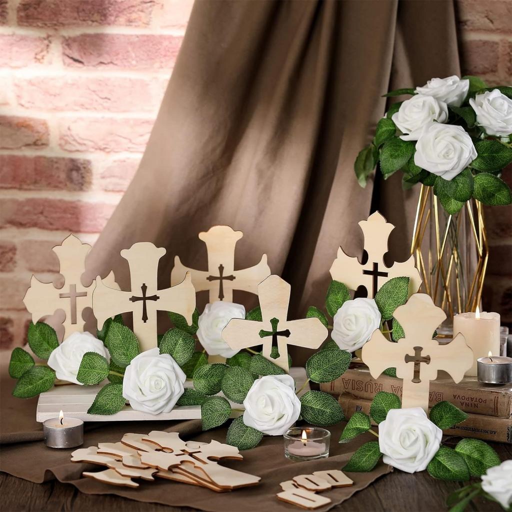 Деревянные кресты с искусственными розами, стоячие кресты с подставками, центральные элементы для крещения, свадебное торжество, домашний декор