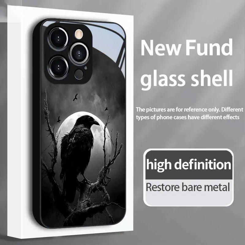 Чехол из закаленного стекла с рисунком «Ночной Ворон и Яркая Луна» для iPhone 17 16 15 14 13 12 11 Pro Max 17 Air 7 8 Plus XR XS X