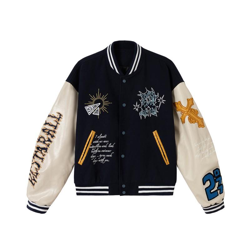 Mens Oversized Vintage Baseball Jacket With Embroidered Totem Design Windproof Casual Outerwear Fall