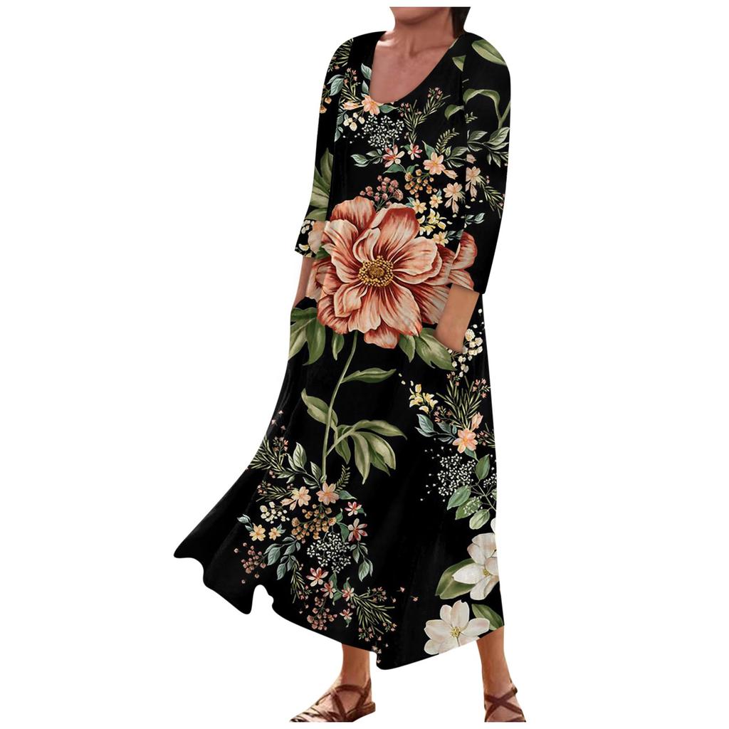 Женское модное повседневное свободное карманное платье с круглым вырезом и рукавами 3/4