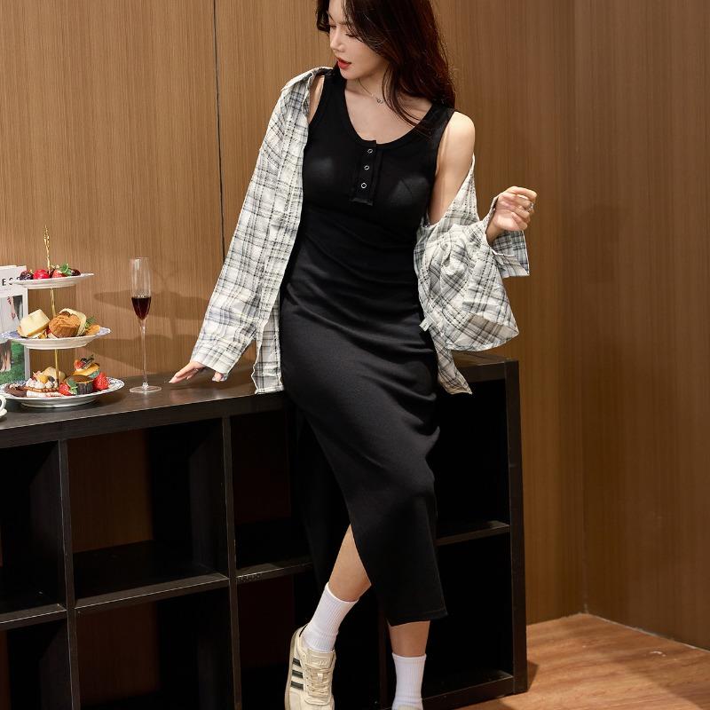 Advanced Sense of Высококачественное платье-жилет из толстой хлопковой нити, женское летнее облегающее платье с разрезом и тонкими подтяжками, длинное платье