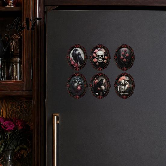 Halloween Skeleton Kitchen Accessories Gothic Refrigerator Magnet, Retro Oval Photo Frame Fridge Magnets, Distressed Decorative Metal Cabinet Magnets