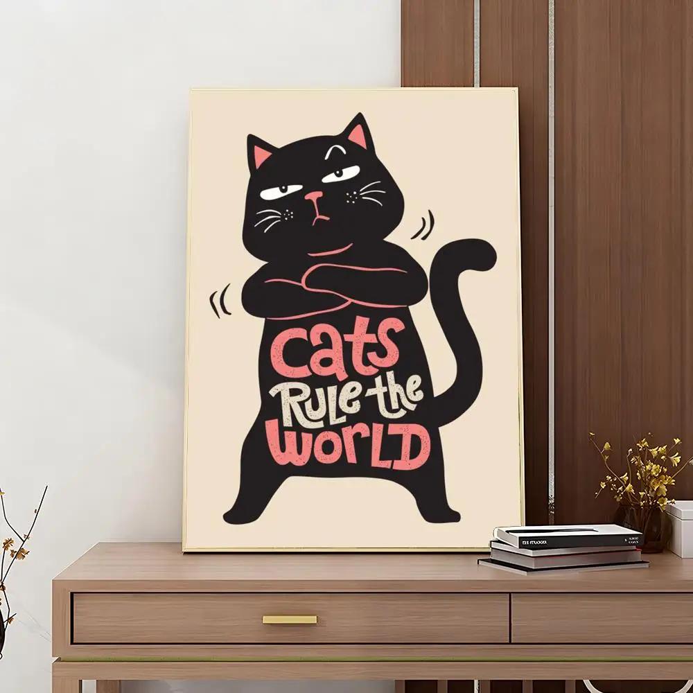 1PC Black Funny Cats Rule The World Print Poster Paper Waterproof HD Sticker Bedroom Entrance Home Living Room Bar Wall Decor