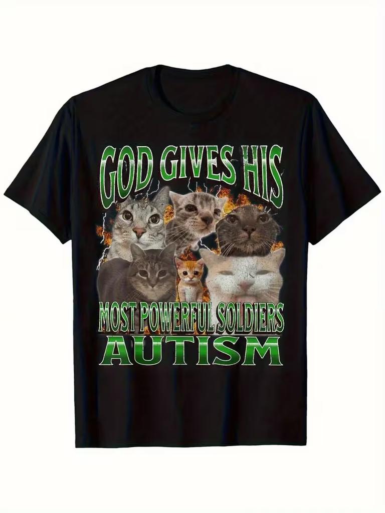 Autism Awareness Cat Unisexs Tshirt God Gives His Most Powerful Soldiers Print Unisexs Tee Casual Crew Neck Top Unisexs Clothing