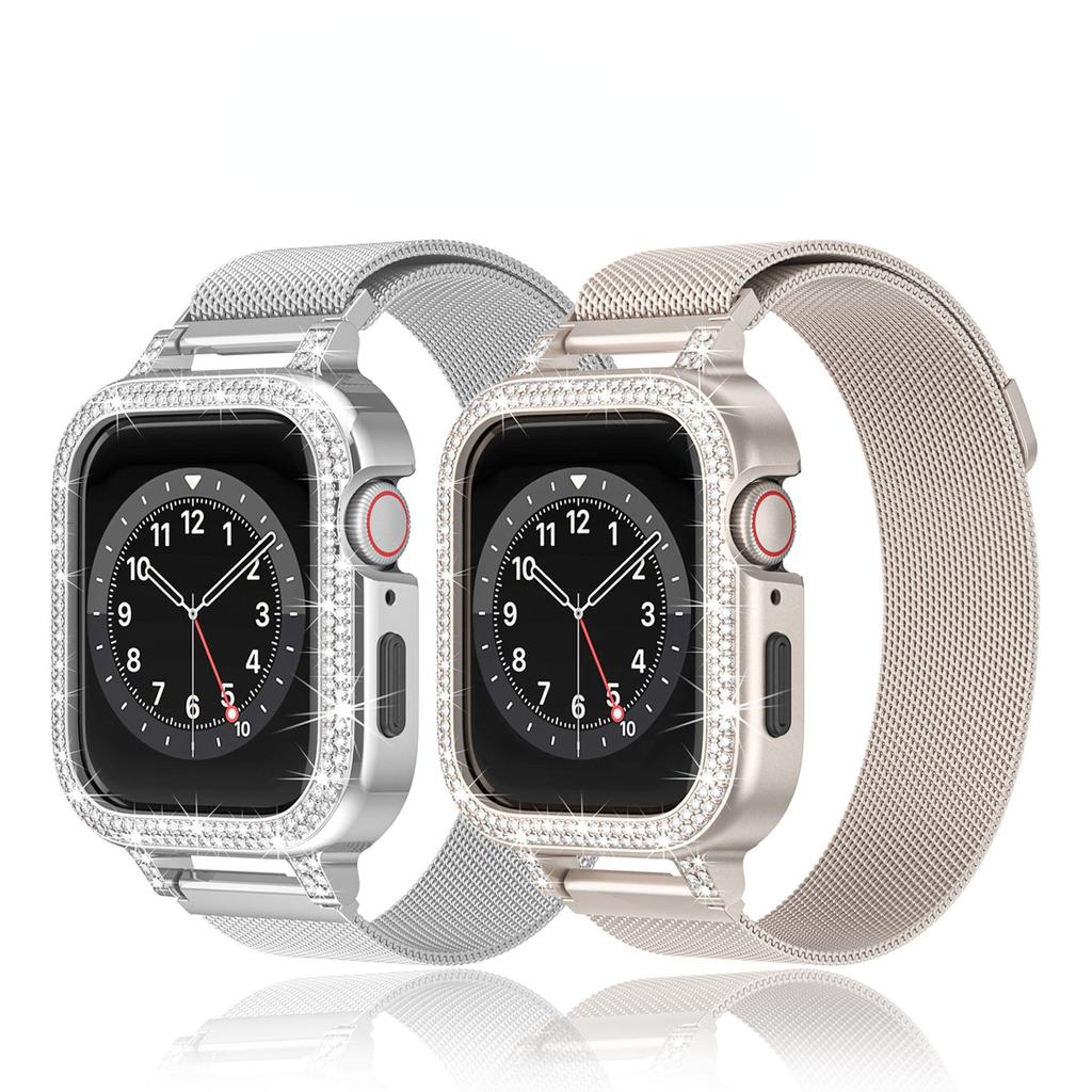 Роскошный металлический ремешок + чехол для Apple Watch Series 9 8 7 6 5 SE 4 38/40/41/42/44/45 мм браслет с бриллиантами и жемчугом для iWatch UItra 2