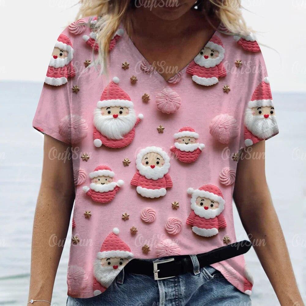 Новая рождественская женская футболка с 3D принтом Санта-Клауса, футболки с короткими рукавами и v-образным вырезом, уличная одежда большого размера, женский пуловер в стиле Харадзюку, топы
