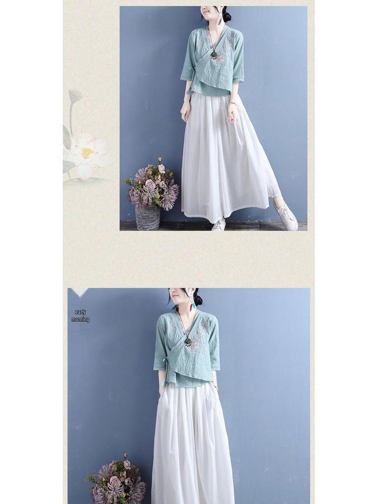 2024 Women's Chinese Style Zen Cotton-Linen Embroidered Slant-Breasted Mid-Sleeve Lace-Up Top