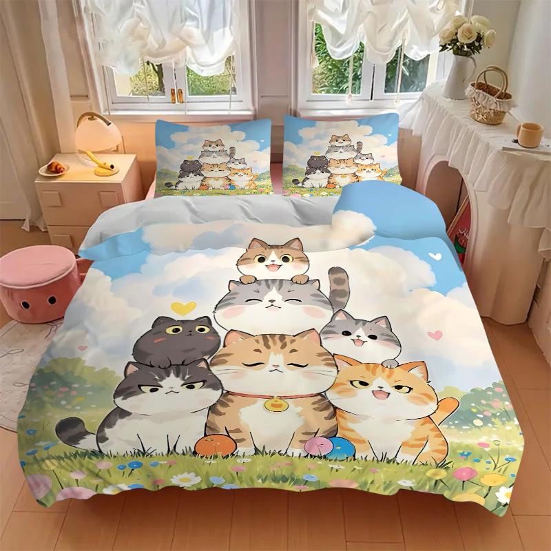 3pcs Seven Happy Cats Bedding Set, Including 1 Quilt Cover and 2 Pillow Shams, Without Filling, Soft and Comfortable Home Bedroom Fabric, Fa