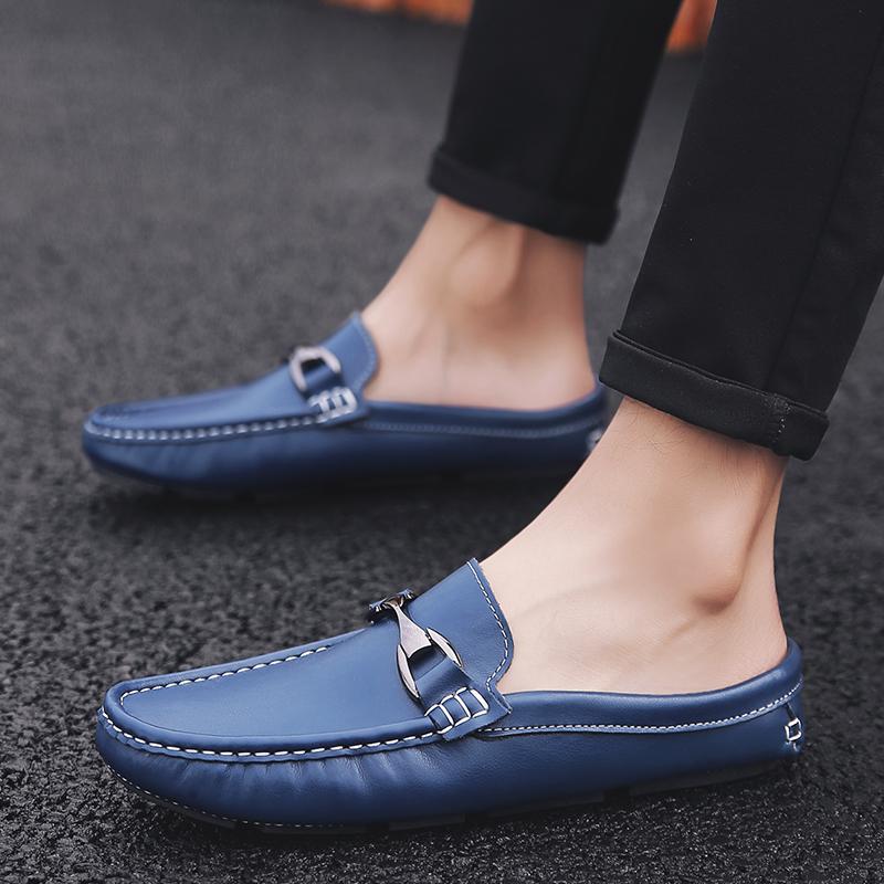 Кожаные мужские полушлепанцы летние дышащие мужские повседневные туфли слипоны ленивые туфли для вождения удобные для ходьбы лоферы мокасины