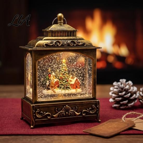 Desktop Music Box Light Christmas Snow Ball Lantern, Vintage Santa Claus/Tree/Reindeer Water Swirling Lantern Holiday Night for Window Entryway