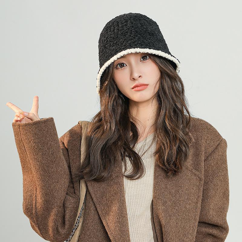 Панама женская осенне-зимняя простая модная японская универсальная шляпа с цветными блоками, показывающая лицо, закрывающая маленькое лицо, плюшевая шляпа рыбака